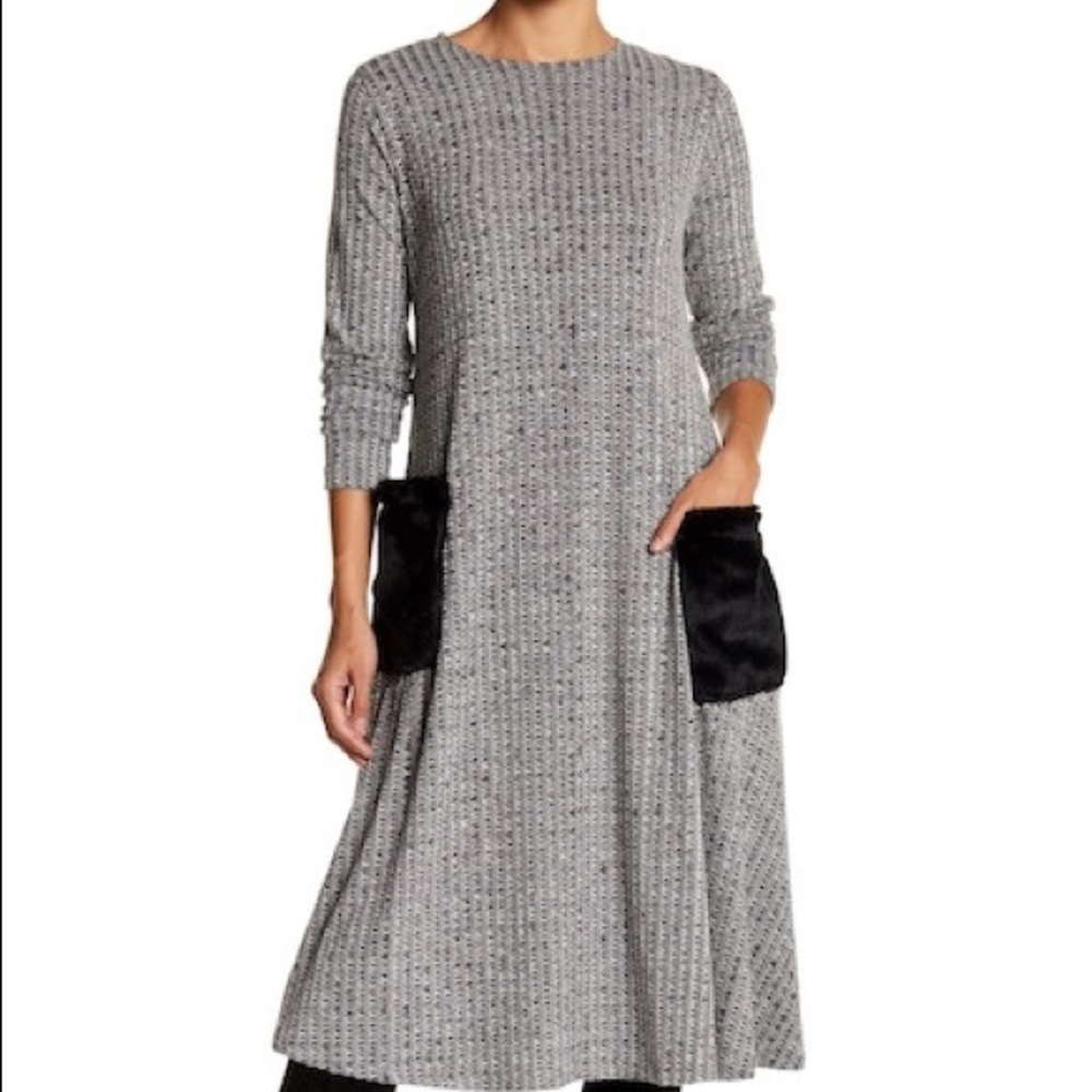 Modest Long Sleeve Contrast Faux Fur Pockets Midi